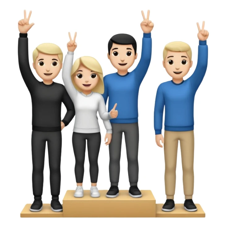 winners podium with three people, black and white, center step higher, no numbers, all in relaxed fun clothes, center person raising one finger on each hand, left person raising two fingers on each hand, right person raising three fingers on each hand, cheerful expressive emoji style sticker