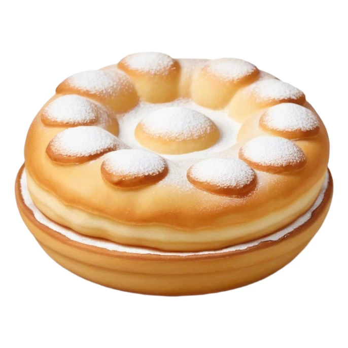 Cinematic Realistic image of simple round buñuelos, depicted with a lightly crisp, golden exterior and soft, airy interior, dusted with a subtle layer of powdered sugar and set against a rustic backdrop with warm, inviting lighting. sticker