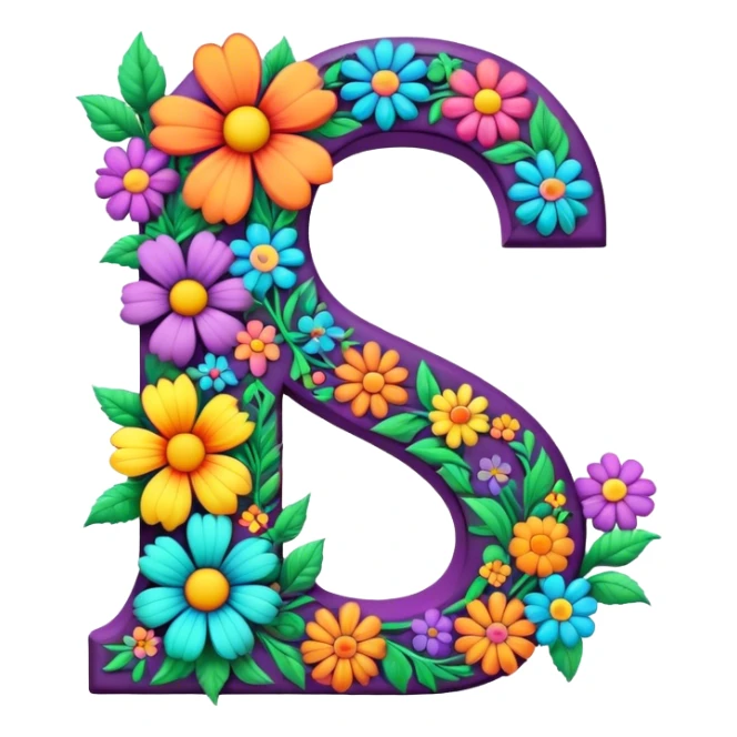 3D, gothic style psychedelic colored Letter S with hippie style flower border sticker