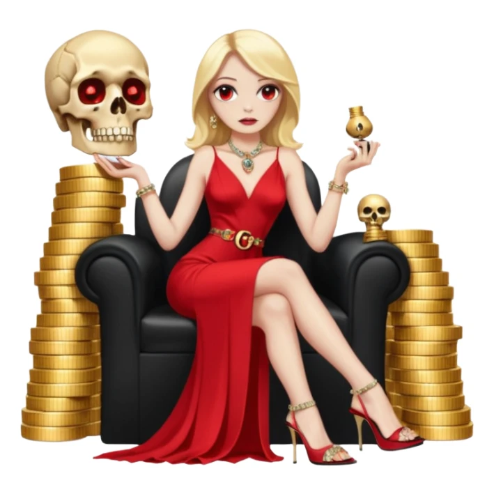 Lilith symbol red eye seductress evil shoulder length blonde haired powerful woman with Gucci  long dress with slit, sitting on of gold and diamonds. Black Platform high heels on feet. seat full of stacks,  dead human skull of her enemies in her other hand sticker