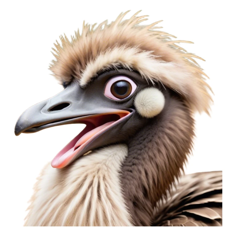 Cinematic Cute Yawning Emu Portrait Emoji, Head tilted slightly with a dramatic, wide-open yawn, showcasing a soft, downy brown plumage with gently drooping feathers and eyes barely open in drowsy contentment, Simplified yet irresistibly adorable features, highly detailed, glowing with a soft, cozy glow, high shine, relaxed yet expressive, stylized with a touch of outback charm, bright and endearing, soft glowing outline, capturing the essence of a sleepy yet affectionate emu, so drowsy it feels like it could stretch out of the screen and curl up for a nap! sticker