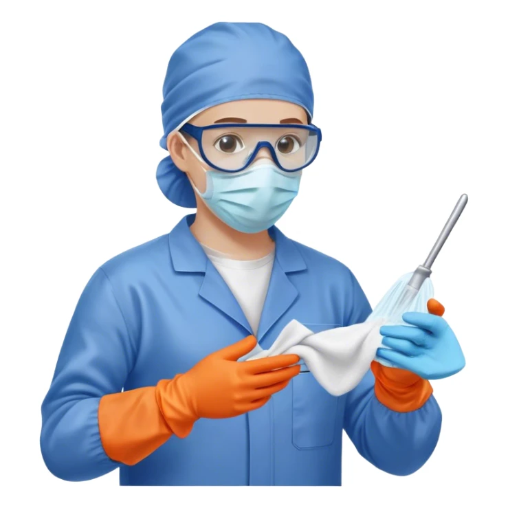 A meticulous cleanroom worker dressed in full protective gear, including a blue sterile suit, a face mask,  and orange gloves.  cleaning glasses with a wipe in one Hand sticker