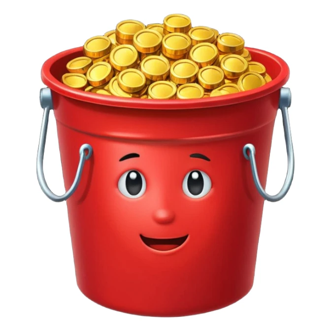 A red bucket full of gold sticker