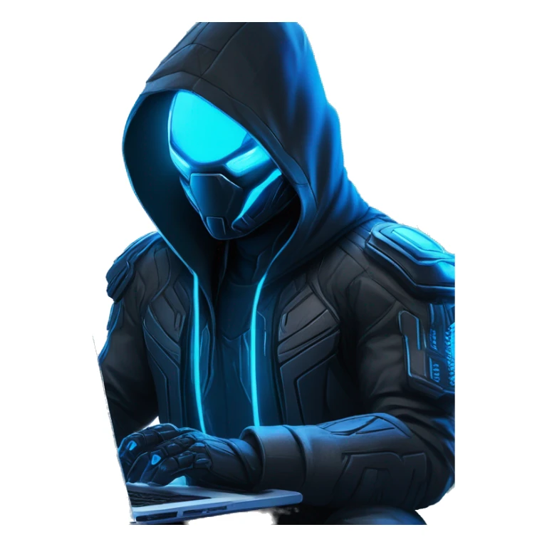 developer behind his laptop with this style : crysis Cyberpunk Riot Games Valorant neon glowing bright blue character blue black hooded assassin themed character sticker