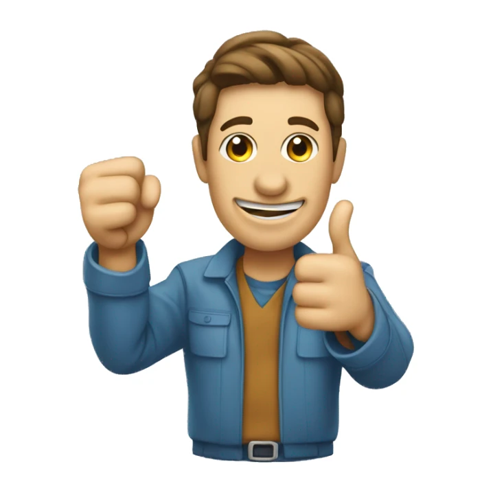 A person showing they have completed a task by pointing at it with a thumbs up sticker