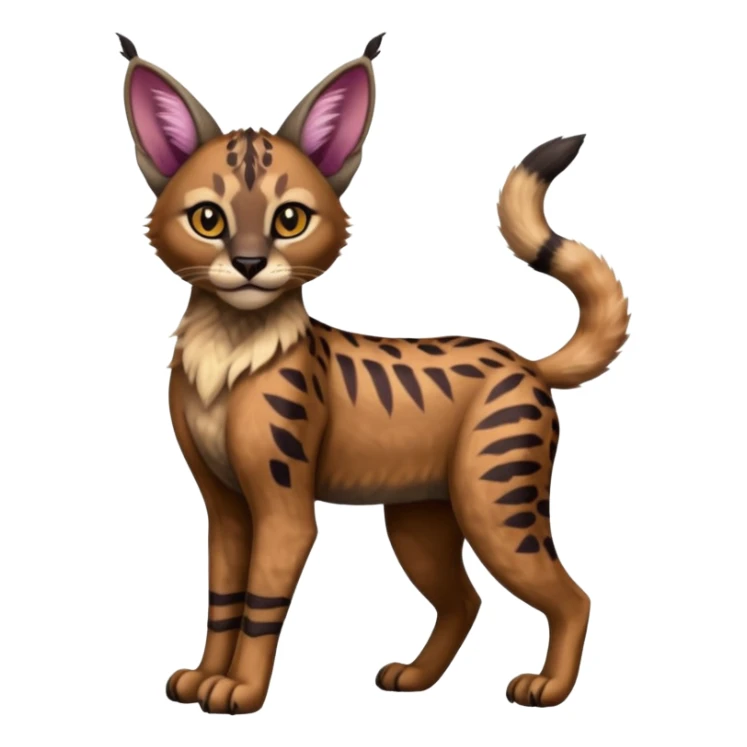 A Colorful  exotic tropical tribal cute happy realistic esoteric patterned fluffy furry dark caracal-Lykoi-bobcat-sphynx-genet-serval-Fakémon-fursona-hybrid-fusion-animal-creature, full body, 4-legged sticker