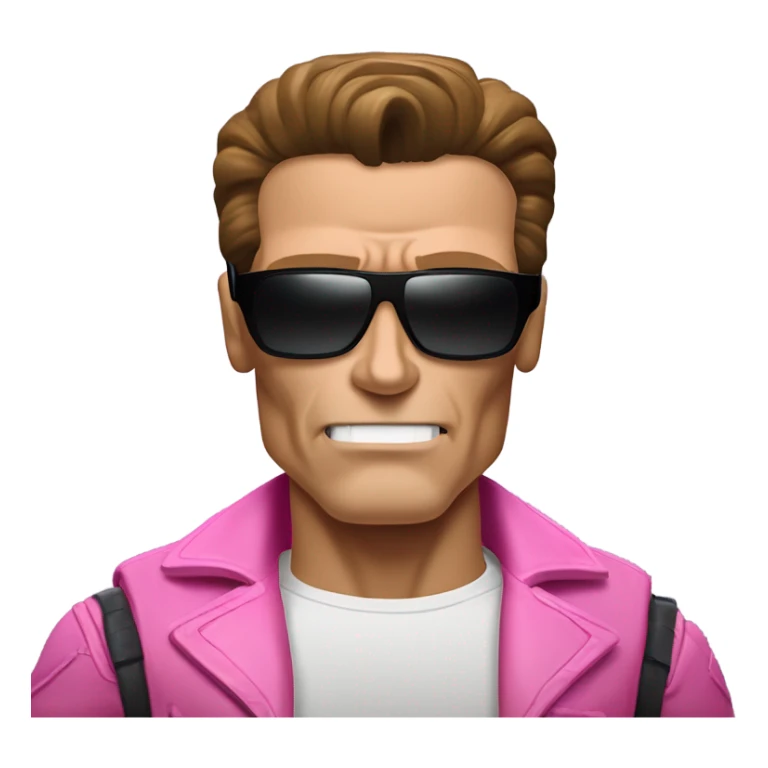 Schwarzenegger-like Terminator, upper body only, wearing his iconic clothes in pink (all clothes must be pink), looking more human with minimal robotic details, and wearing dark sunglasses, hair must be dark sticker