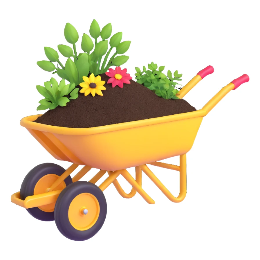 wheelbarrow with soil fertilizer and gardening tools sticker