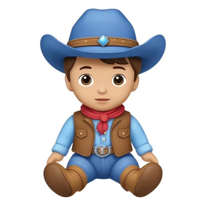 A soft plush baby cowboy doll with a blue hat and tiny boots sticker