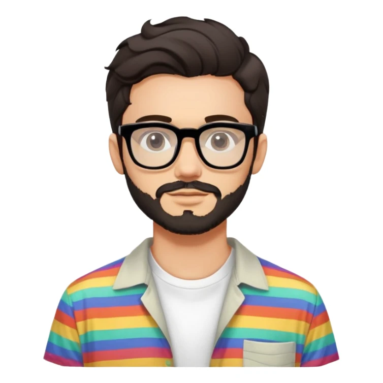 young adult man with light skin, short beard, dark wavy hair, relaxed expression, very wide rectangular glasses with thick black acetate frame and thick double bridge, retro oversized style, colorful open shirt and white t-shirt sticker