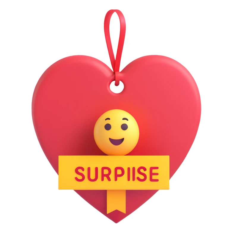 Change the name on the heart-shaped gift tag to 'Surprise', keep the 3d emoji style, no background. sticker