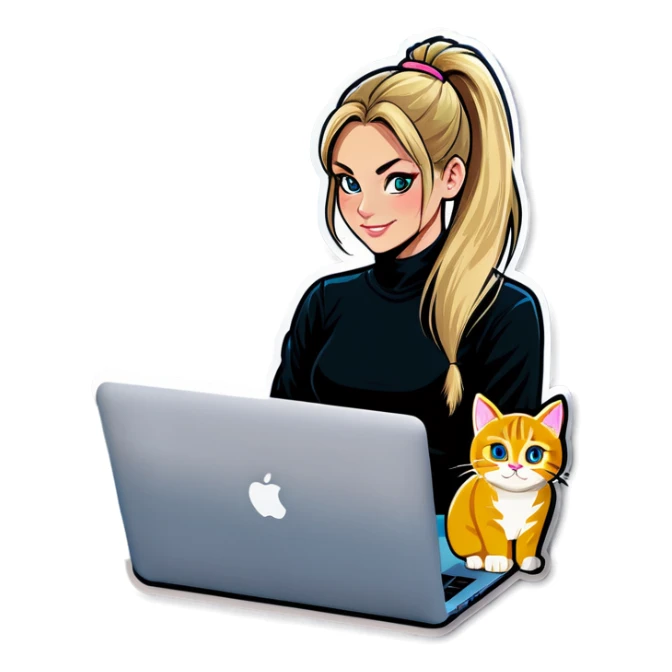 Blonde girl ponytail macBook and a cat sticker