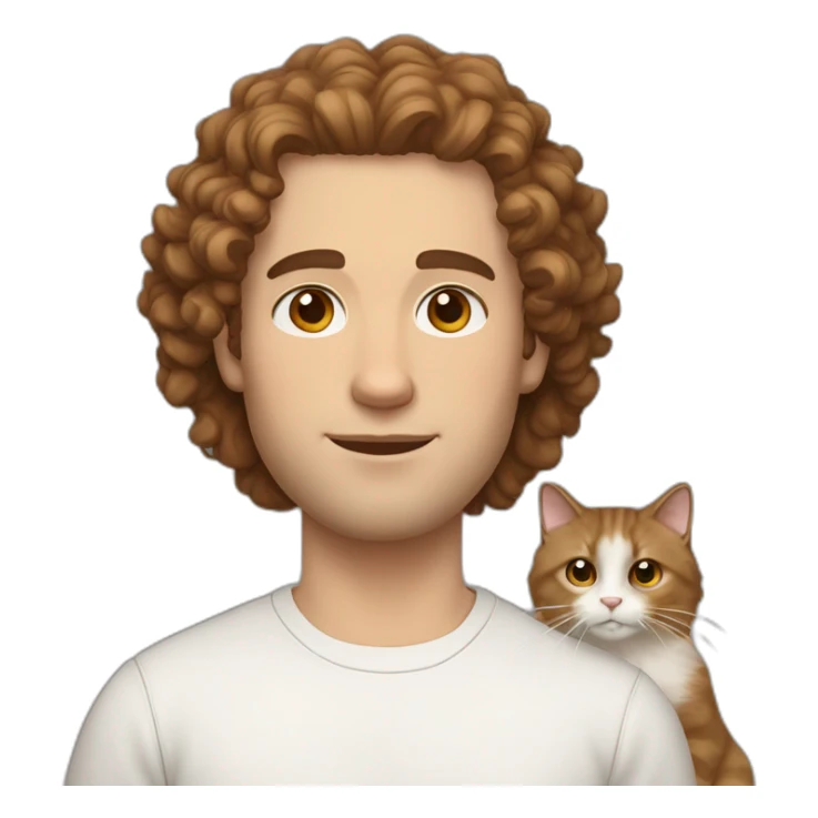 White man with brown curly hair, brown eyes, thick eyebrows, sharp jawline, bigger nose holding Ragdoll cat sticker