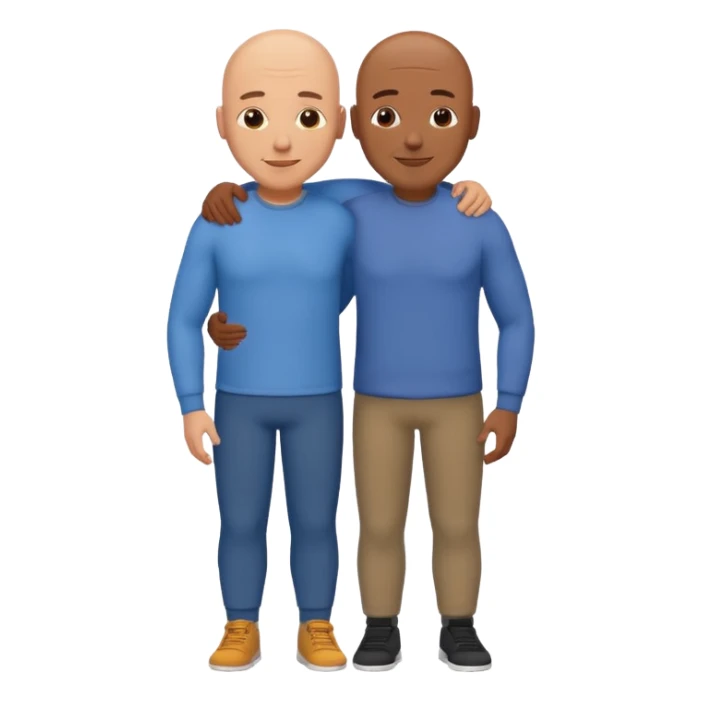 two fit bald men of different heights embracing, warm and positive, emoji style sticker