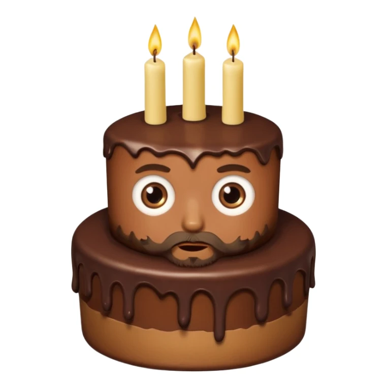 chocolate birthday cake with eyes and thin candles and blond beard sticker