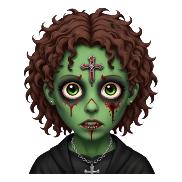 Zumbi verde com olhos castanhos aspecto de que tá sangrando, com cabelo castanho cacheado um piercing do lado esquerdo do nariz, roupa preta e crucifixo como colar, e também delineador  sticker