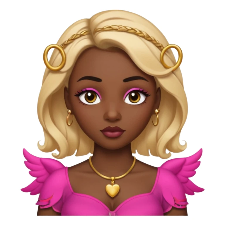 darkskin female with eyebrows that are naturally shaped and frame eyes well, eyes that are almond-shaped with defined lashes. nd lips are full with a defined cupid’s bow, add also a septum piercing that adds an edgy, stylish flair. a middle-part, honey blonde bust-down with laid baby hairs sticker