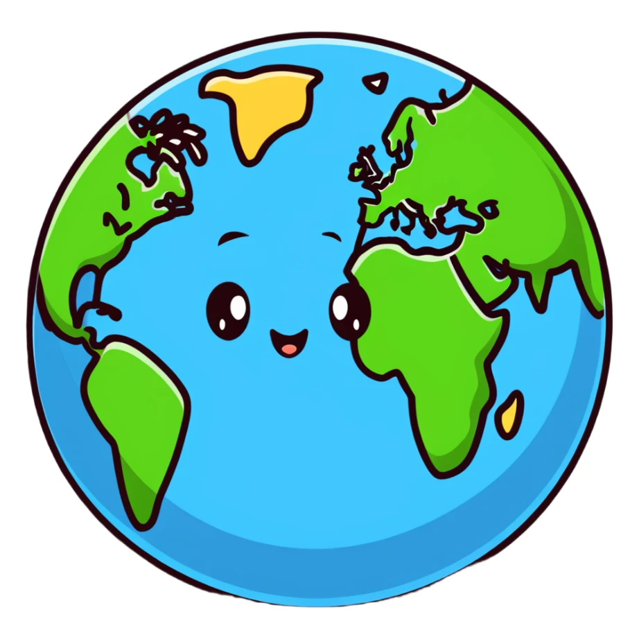 A colorful Earth globe with continents, oceans and a cute face sticker