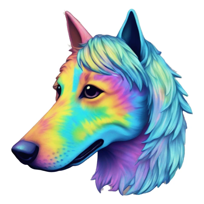 Multicolored rainbow retro groovy tie dye hippie trippy floral patterns on a metallic holographic iridescent blue dog face head unicorn sticker