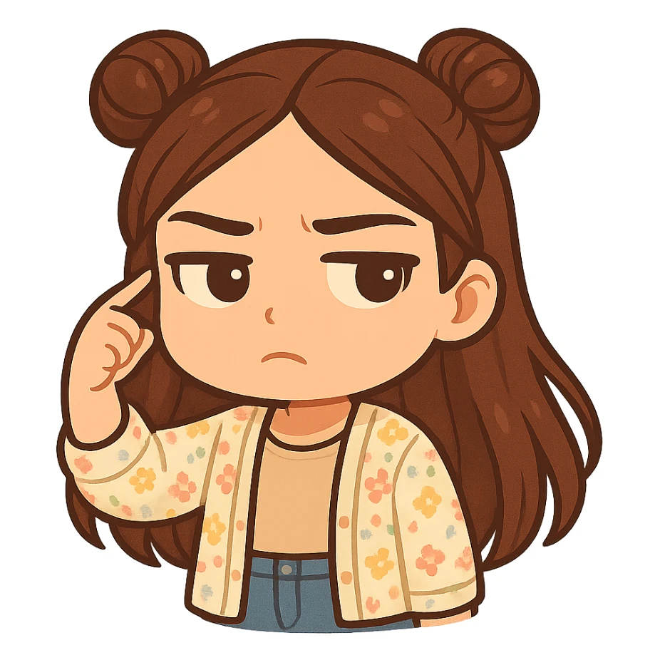 Create a chibi sticker of the girl from the reference image. She is twirling her finger at her temple with an unimpressed, judging expression (not angry). She has brown straight hair styled in double buns, brown eyes, wearing a pastel floral cardigan and jeans. The sticker should have a white outline and a transparent background, sized 512x512px. sticker