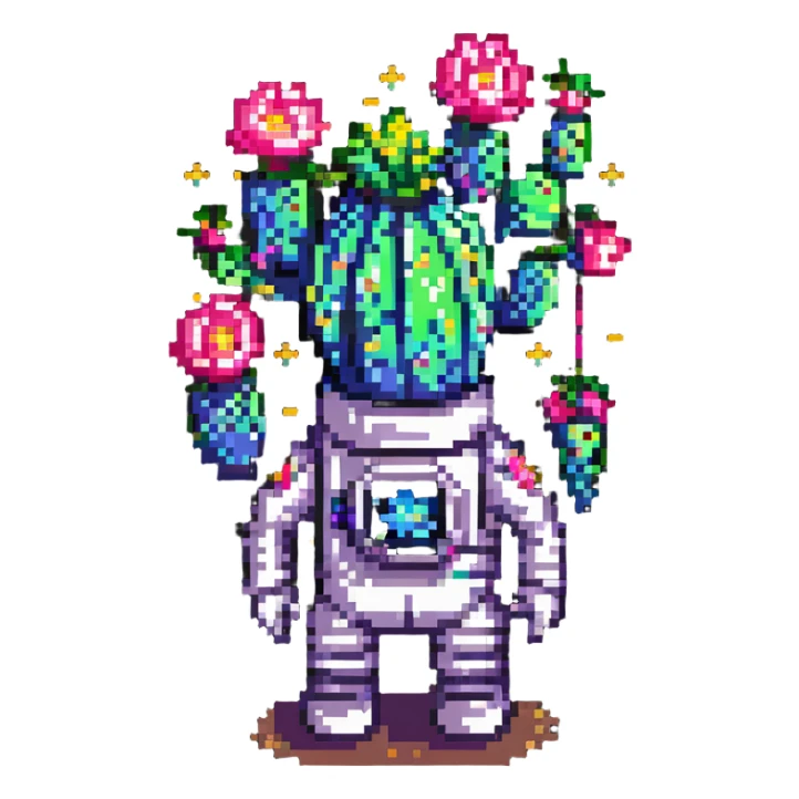 A spacesuit-wearing cactus blooming neon stars instead of flowers, with mini planets on its prickles sticker