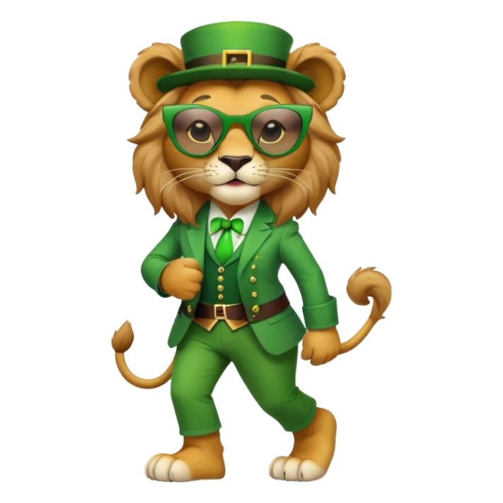 friendly anthropomorphised female lion dressed for St. Patrick's Day in green outfit with festive accessories, dark sunglasses, walking upright with confident stride sticker