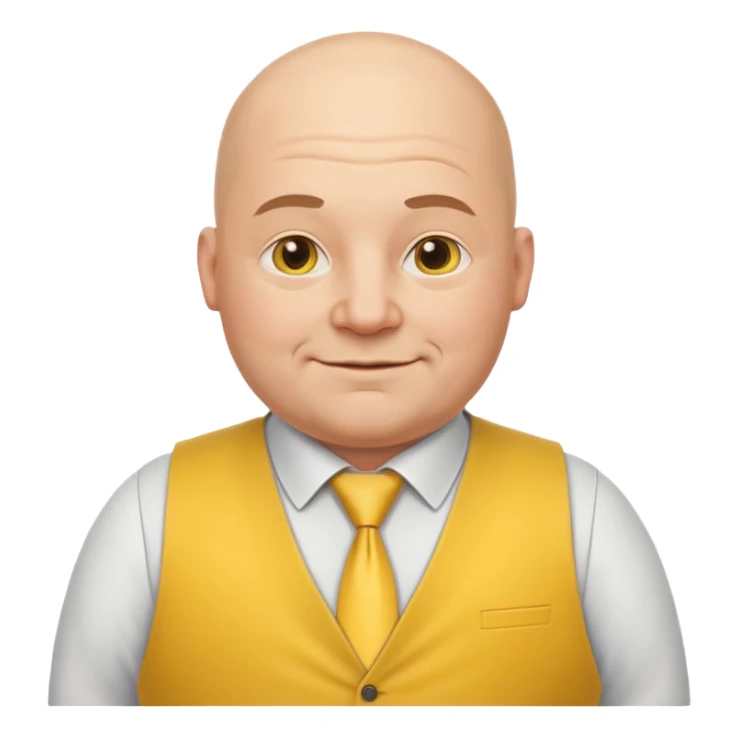 fat, bald European boss emoji, gentle smile, yellow tie, vest, friendly sticker