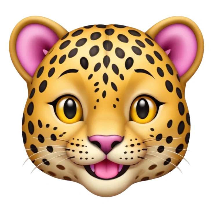A leopard with big smile. A pink flower with a yellow center is tucked behind its right ear, no tongue
 sticker