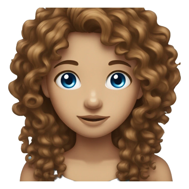 a girl with brown long curly hair, blue eyes and a big  sticker