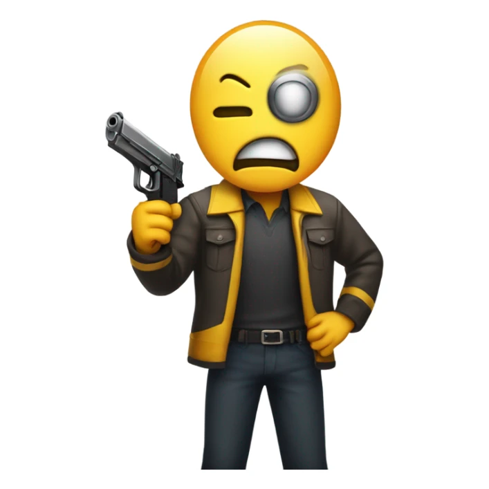 A yellow-faced emoji with a gun saying with a text bubble saying no I'd win looking angry sticker