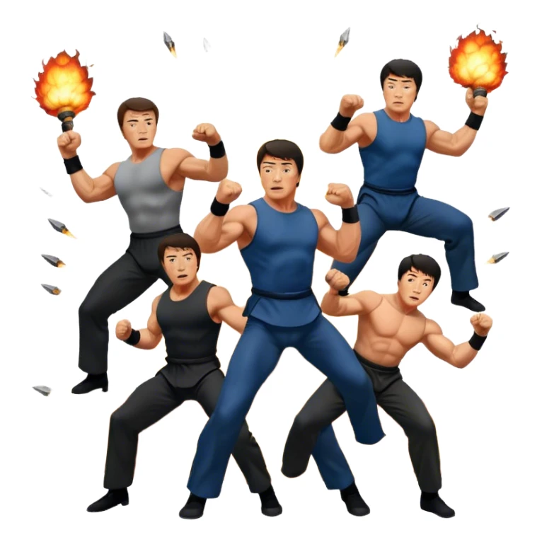 Collage of Arnold Schwarzenegger, Sylvester Stallone and Jackie Chan in intense action poses, surrounded by explosions, martial arts moves, weapons. The design should capture the high energy and heroism of classic action films. Transparent background. sticker