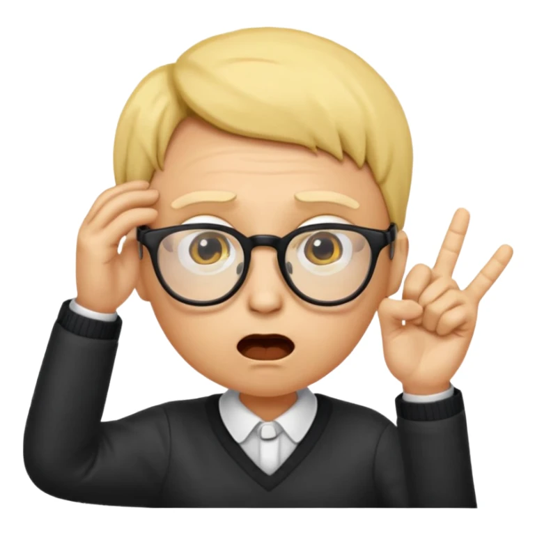Generate a emoji head base with a shocked expression with a finger pushing the glasses down a little bit make the glasses tipped and make the head full yellow with a slight tint at the top with no hair also make the glasses tipped a 35 angle sticker
