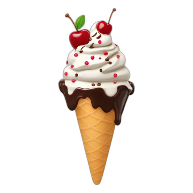 An ice cream sundae with sprinkles, chocolate sauce, and a cherry  sticker