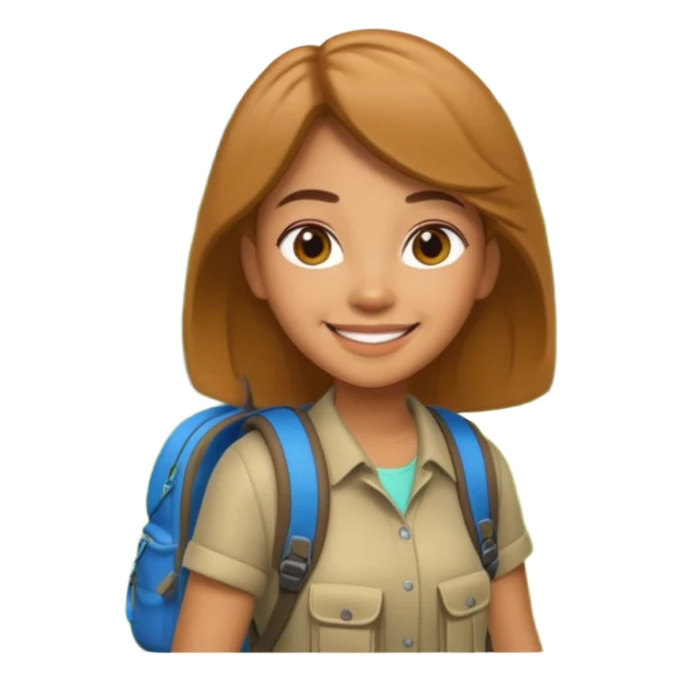 A 3D cartoon woman with a backpack smiling outdoors, surrounded by greenery, Memoji-style realism. sticker