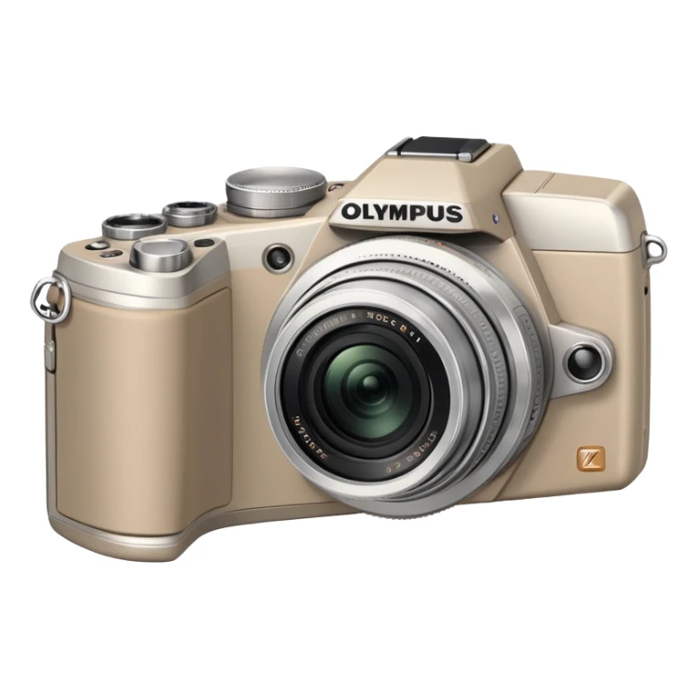 Minimal Olympus Superzoom 70G camera from slight top angle, grayish-beige color, simplified shape with subtle indication of basic camera features sticker