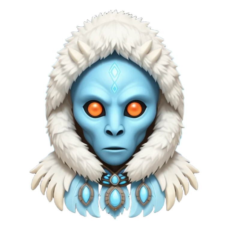 ancient arctic alien shaman portrait, head and shoulders only, Inuit-inspired fur hood, carved bone ornaments, glowing cosmic eyes, icy alien skin, spiritual sci-fi vibe, 3D cartoon, mobile game icon style, clean background, no text, no watermark


 sticker
