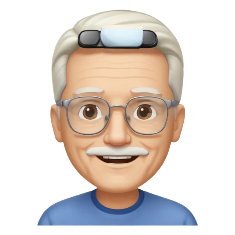 old guy, swept back white hair, blocky face, rectangle frame glasses, goatee sticker