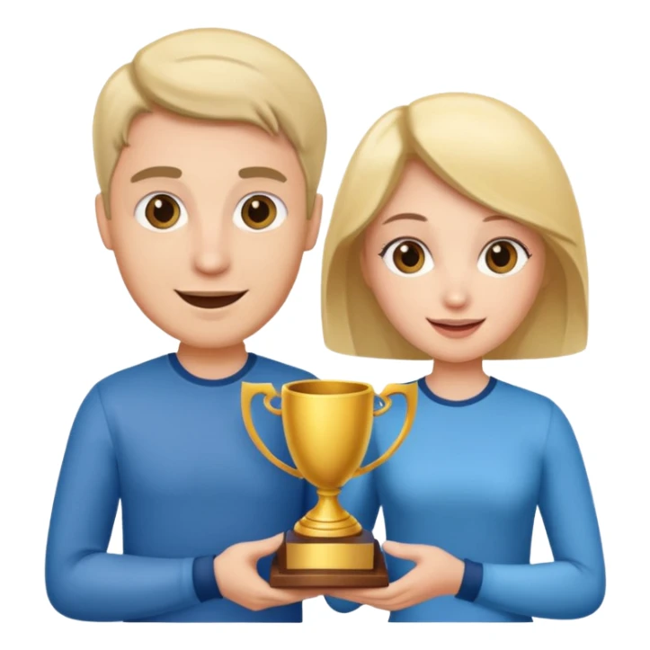 Create an emoji that reflects man & woman that is happy, and that asks a lot of questions and have trophy all around him & her sticker