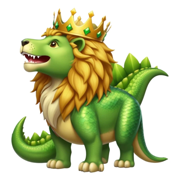 A lion wearing a golden crown standing next to a friendly dinosaur sticker