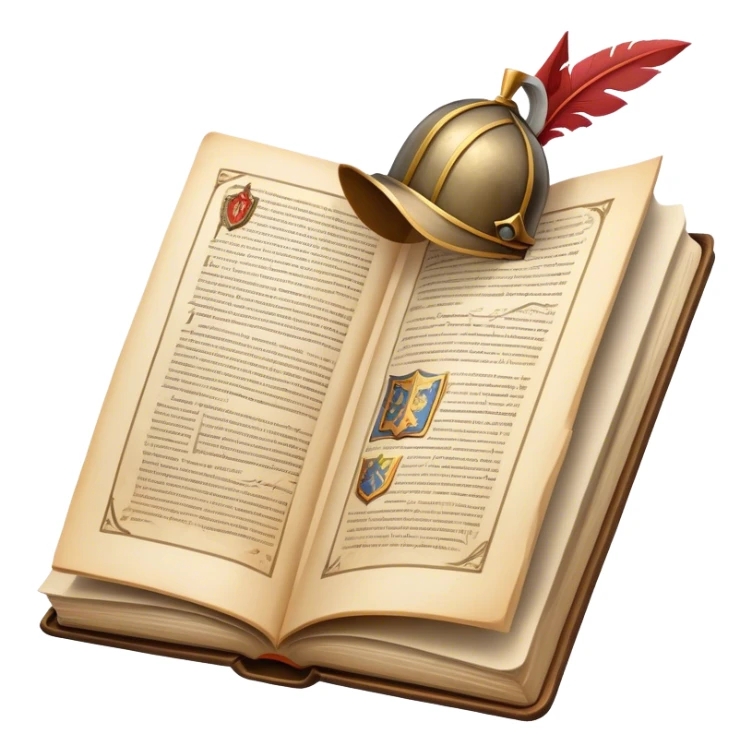 Icon for Historical Fiction Reading: an open book with pages showing ancient scrolls, a quill, a knight's helmet, and a parchment map. The icon should evoke the adventure and grandeur of historical settings and storytelling. Transparent background. sticker