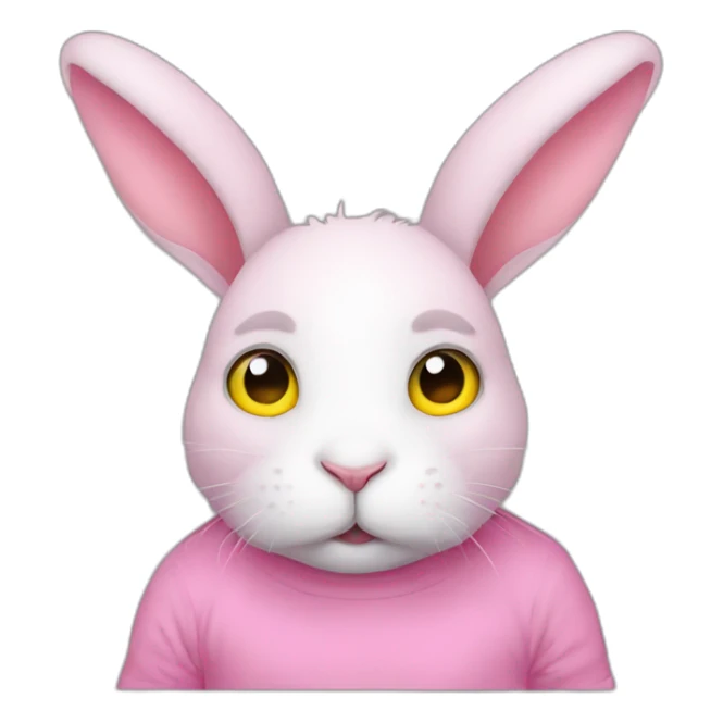 rabbit pink sad eyes, wears teeshirt yellow sticker
