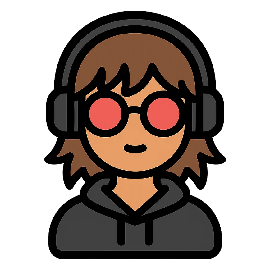 tan brunette girl with a short wolf haircut, round ruby glasses, black headphones, and a black hoodie sticker