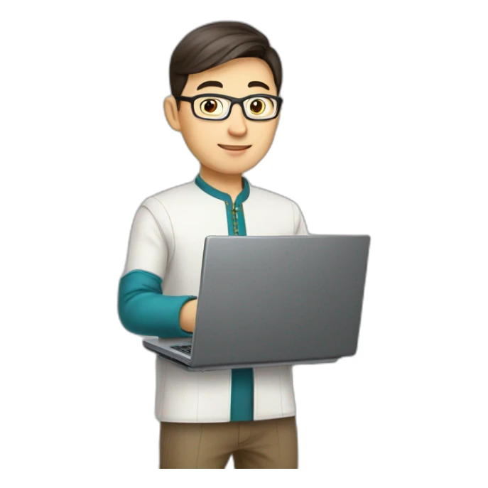 IT specialist man Kazakh in national clothes with laptop in hands sticker