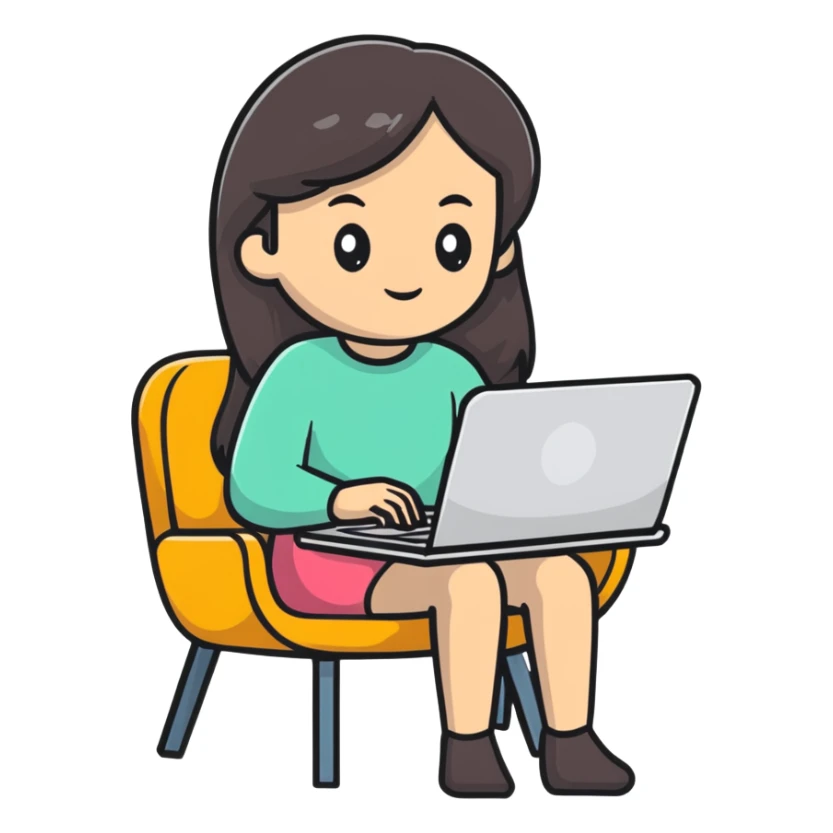girl with long dark hair using a laptop on a chair sticker