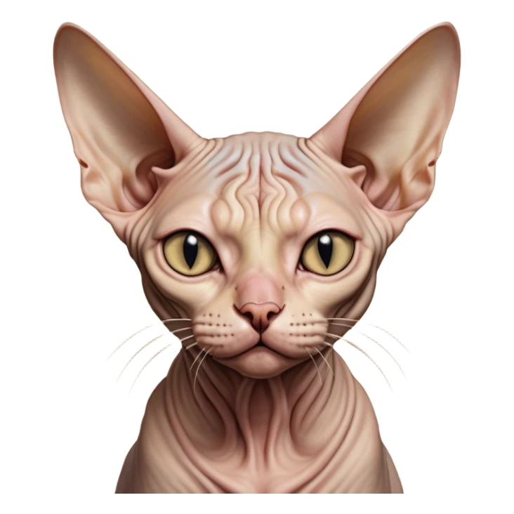 Cinematic Meme-Worthy Grumpy Sphynx Cat Portrait Emoji, Head held high but eyes filled with dramatic disappointment, hairless, wrinkled skin forming deep furrows of discontent, large ears positioned like tiny radar dishes of judgment, signature scowling mouth and narrowed eyes radiating pure disapproval, Simplified yet hilariously over-exaggerated features, highly detailed, glowing with an aura of supreme annoyance, high shine, exhausted yet judgmental, stylized with an almost regal pettiness, bright but brooding, soft glowing outline, capturing the essence of a feline that has seen it all and is thoroughly unimpressed, so meme-worthy it feels like it could instantly become the next viral sensation of grumpiness! sticker