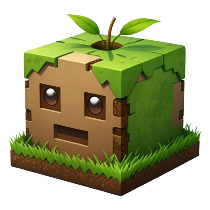 A 3D Apple-style emoji of a simple Minecraft-style grass block, cube-shaped with green grass on top and brown dirt on the sides, no background, clean design. sticker