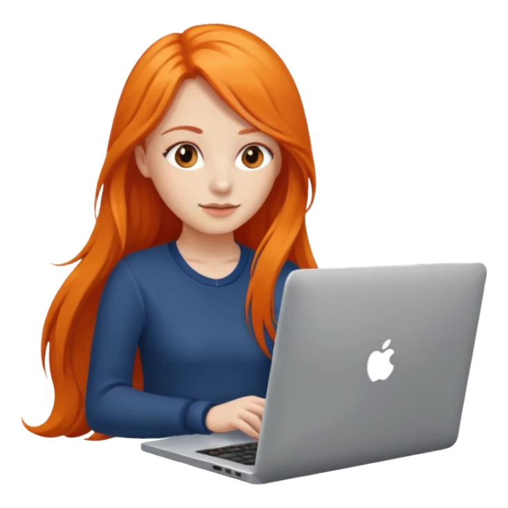 a girl who has a long orange hair is using a laptop sticker
