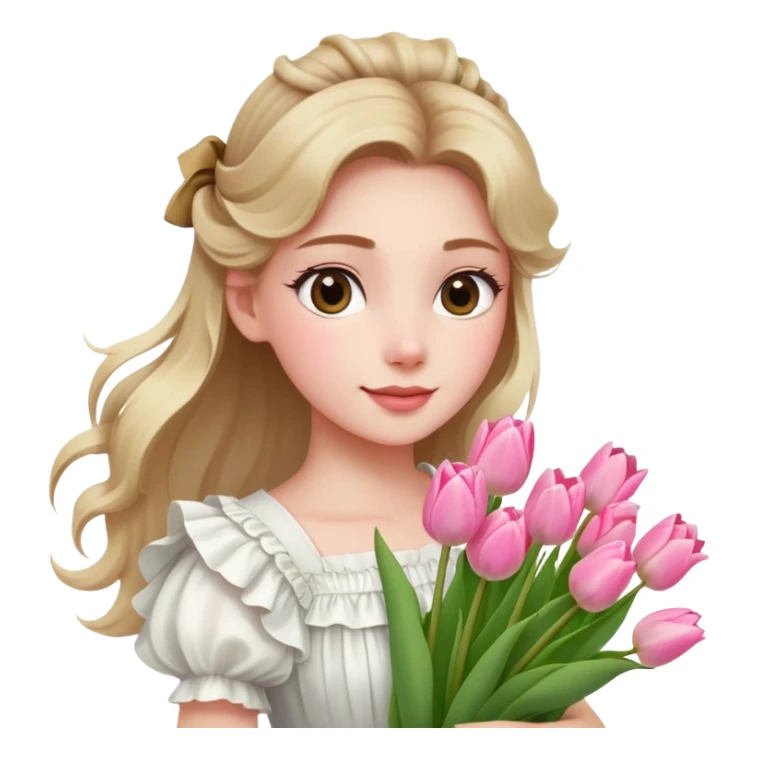  A girl with a half-up half-down hairstyle, and a white ruffled top, enjoying the spring breeze.Holding a bundle of pink tulips sticker