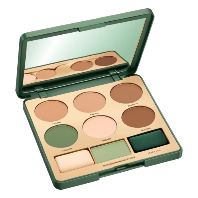 An elegant open makeup palette with earthy-toned eyeshadows and a small mirror, minimalist line art, warm beige and marsh green background sticker