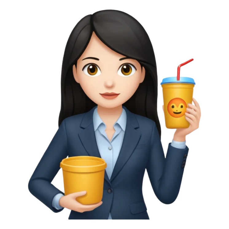 long dark haired woman with suit holding food container sticker